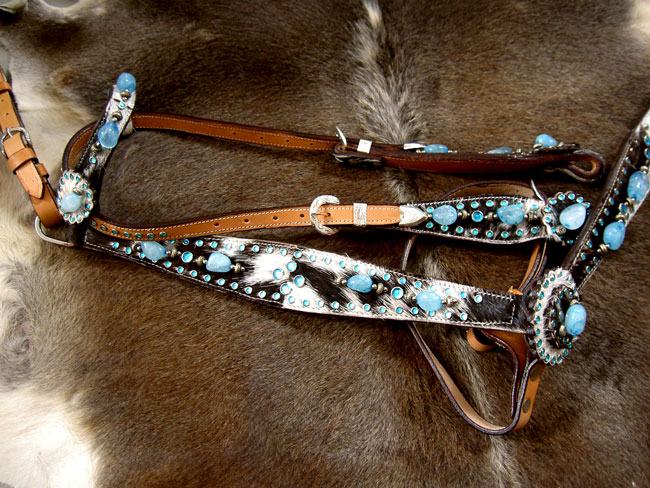 HORSE BRIDLE WESTERN LEATHER HEADSTALL BREASTCOLLAR TACK SET TURQUOISE 