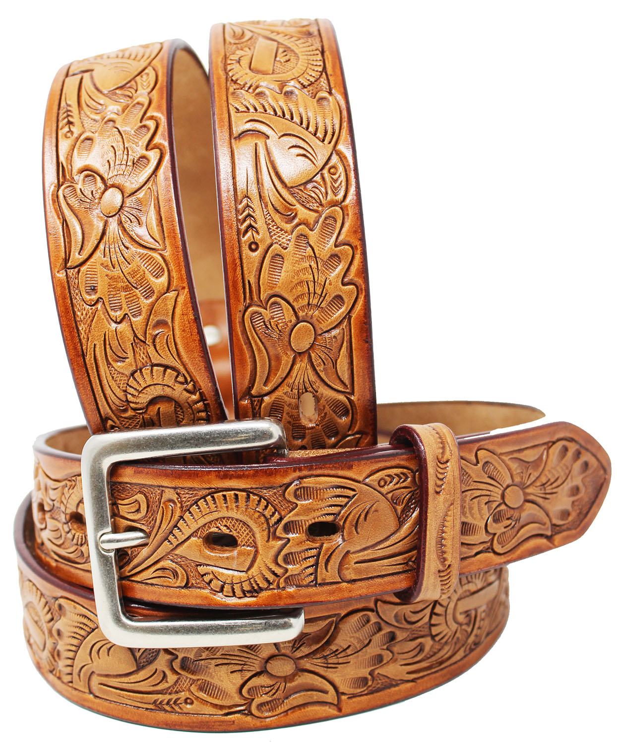 1.5& MEN'S COWBOY Western Rodeo Fashion Floral Tooled Tan Leather Belt