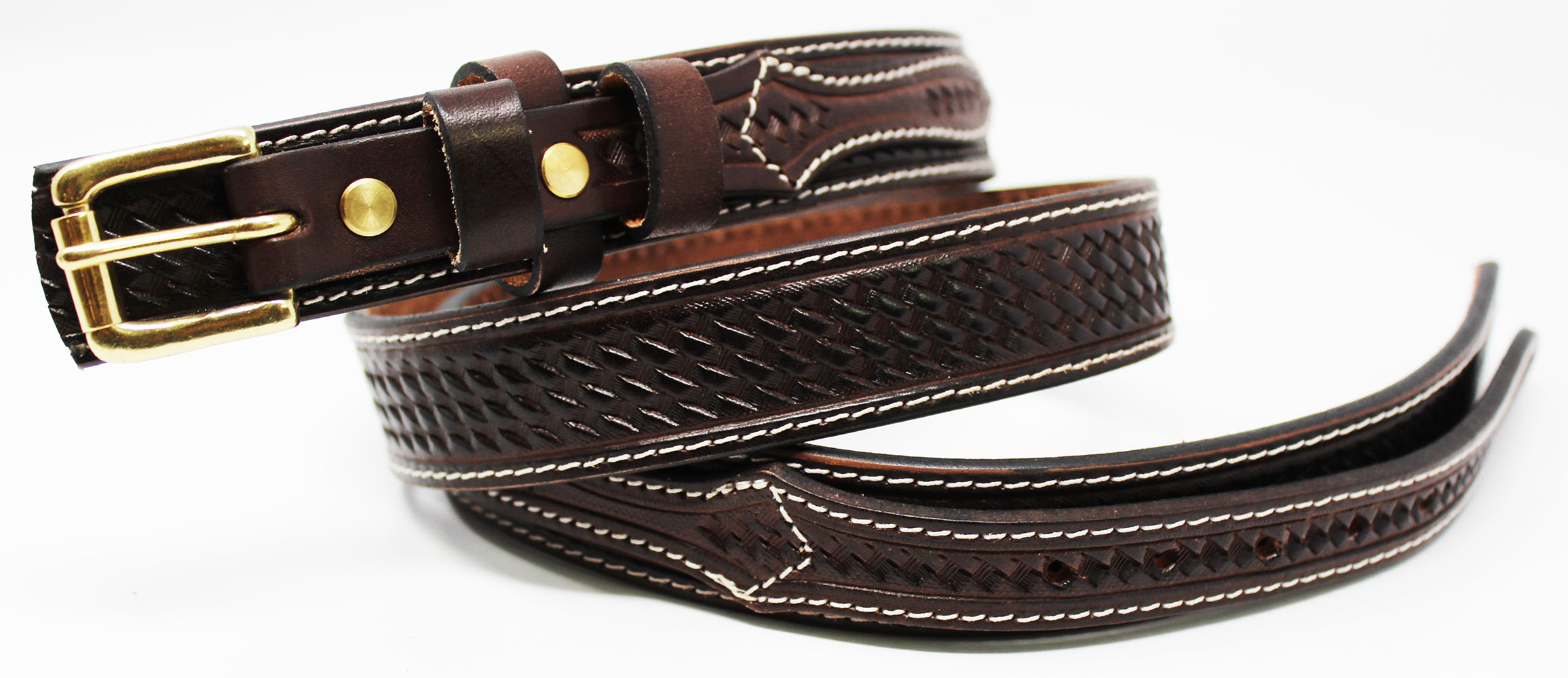 Mens Western Basket Weave Tooled Leather Ranger Belt Brown Amish USA
