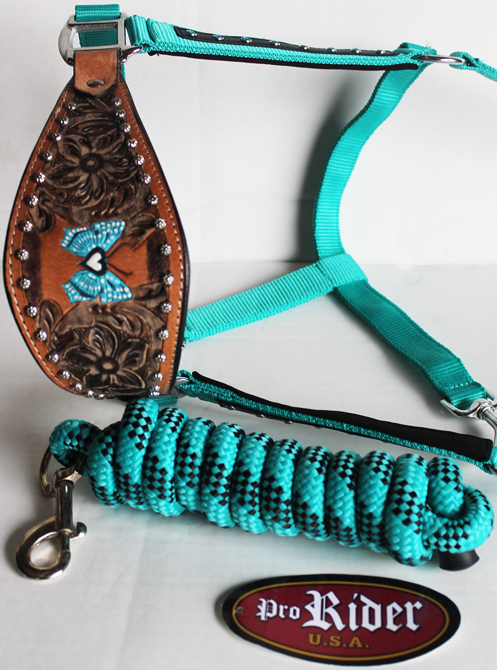 Horse Noseband Tack Bronc Leather HALTER Tiedown Lead Rope Turquoise