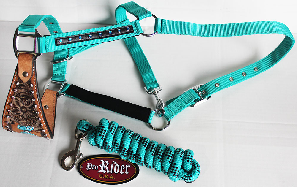 Horse Noseband Tack Bronc Leather Halter Tiedown Lead Rope Turquoise