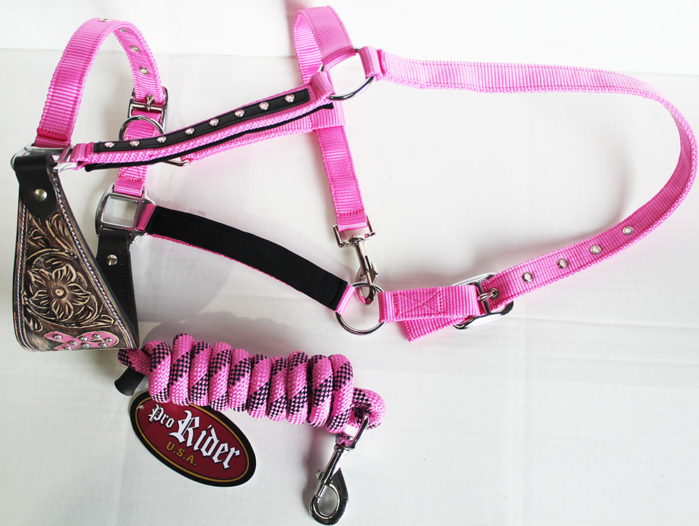 Horse Noseband Tack Bronc Leather HALTER Tiedown Lead Rope Pink 280211
