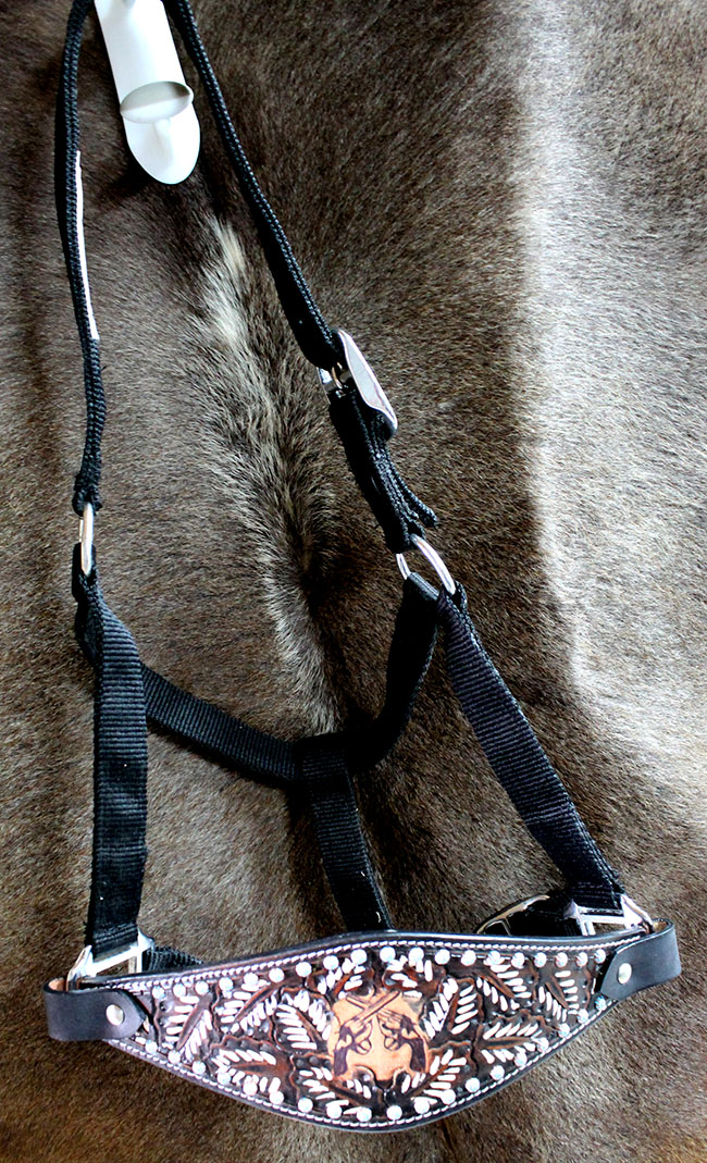 Horse Noseband Tack Bronc Leather Nylon HALTER Tiedown Lead Rope 280216