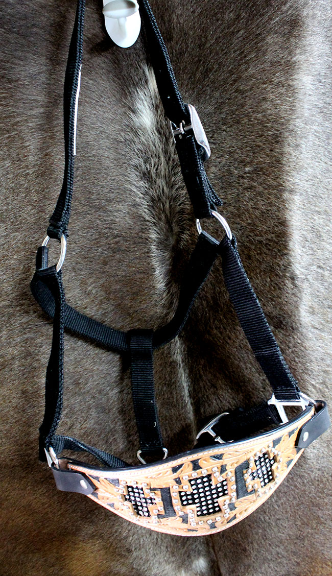 Horse Noseband Tack Bronc Leather HALTER Tiedown Lead Rope Crystal