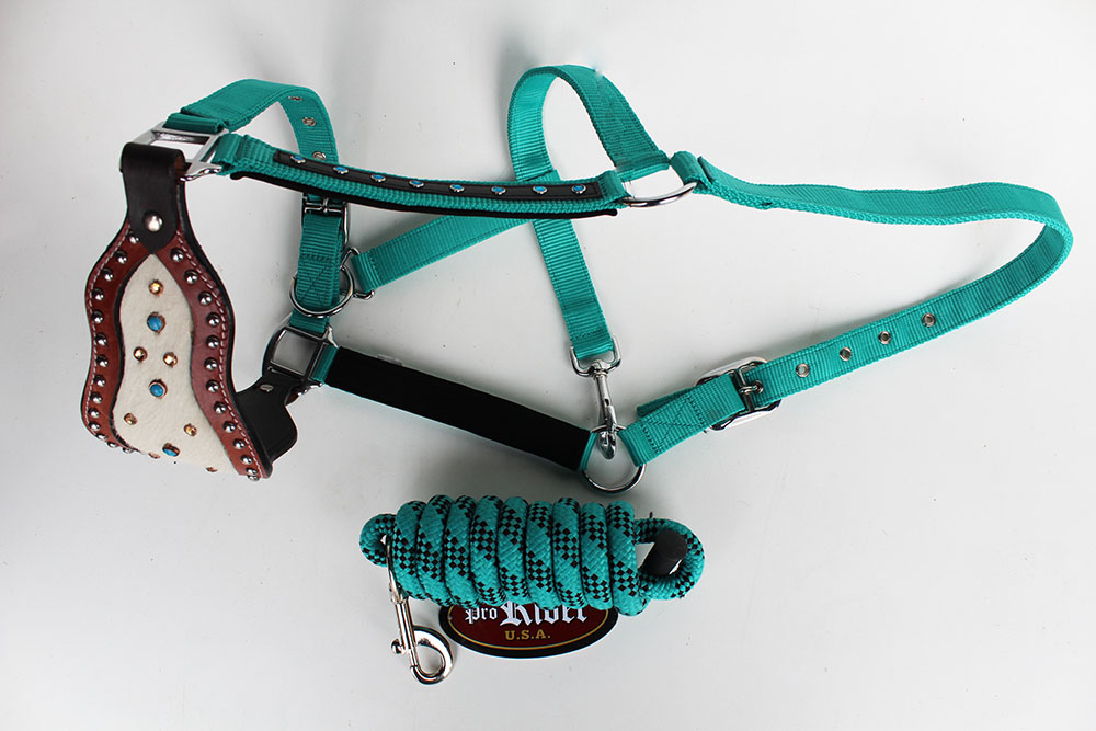 Noseband Tack Bronc Leather Horse Halter Tiedown Lead Rope Blue Crystal