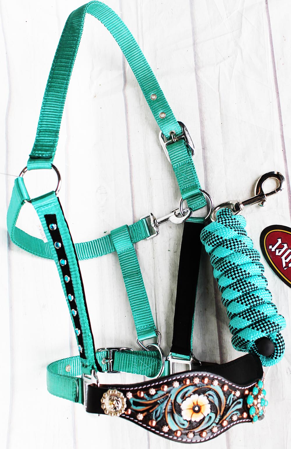 Horse Noseband Tack Bronc Leather Nylon HALTER Tiedown Lead Rope Bling