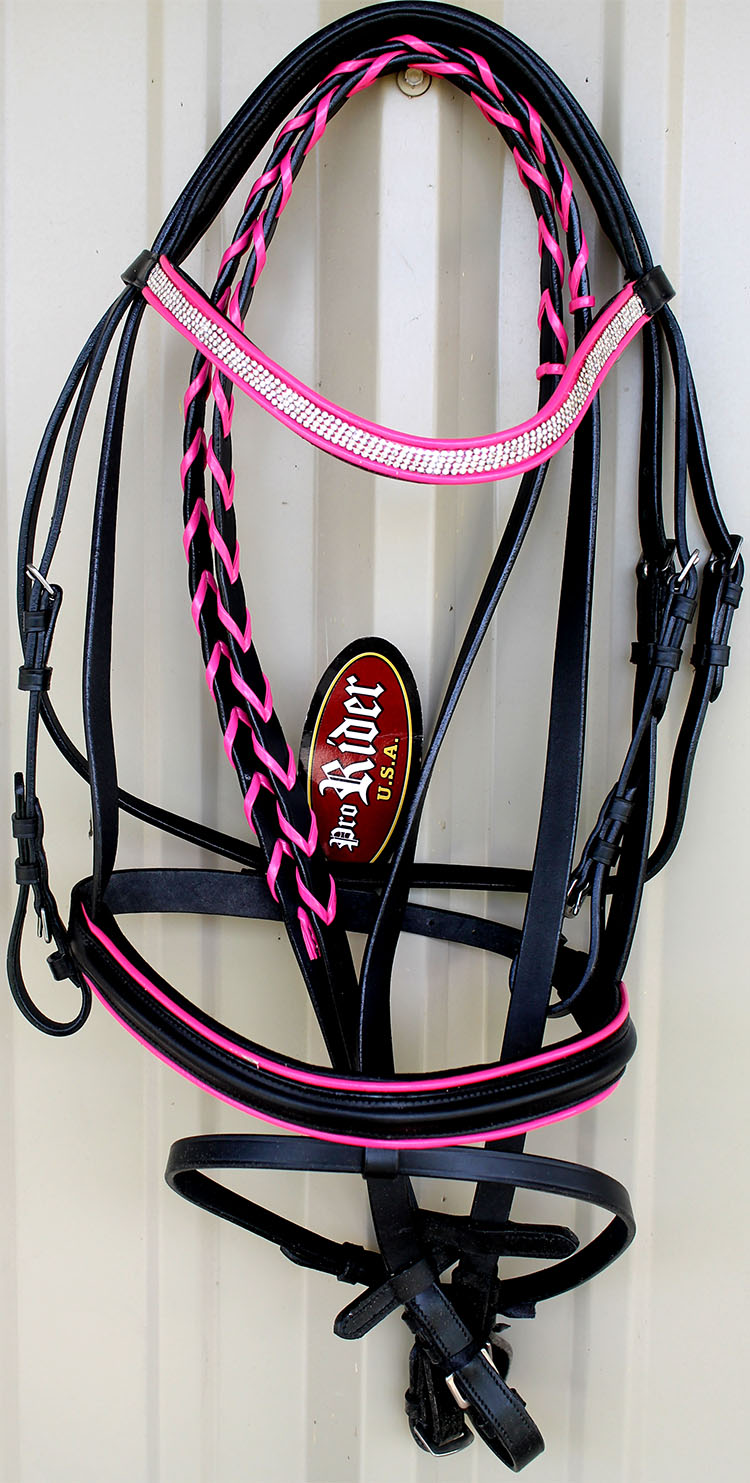 Horse English Dressage Padded Show Bridle Crystal Bling Browband Pink