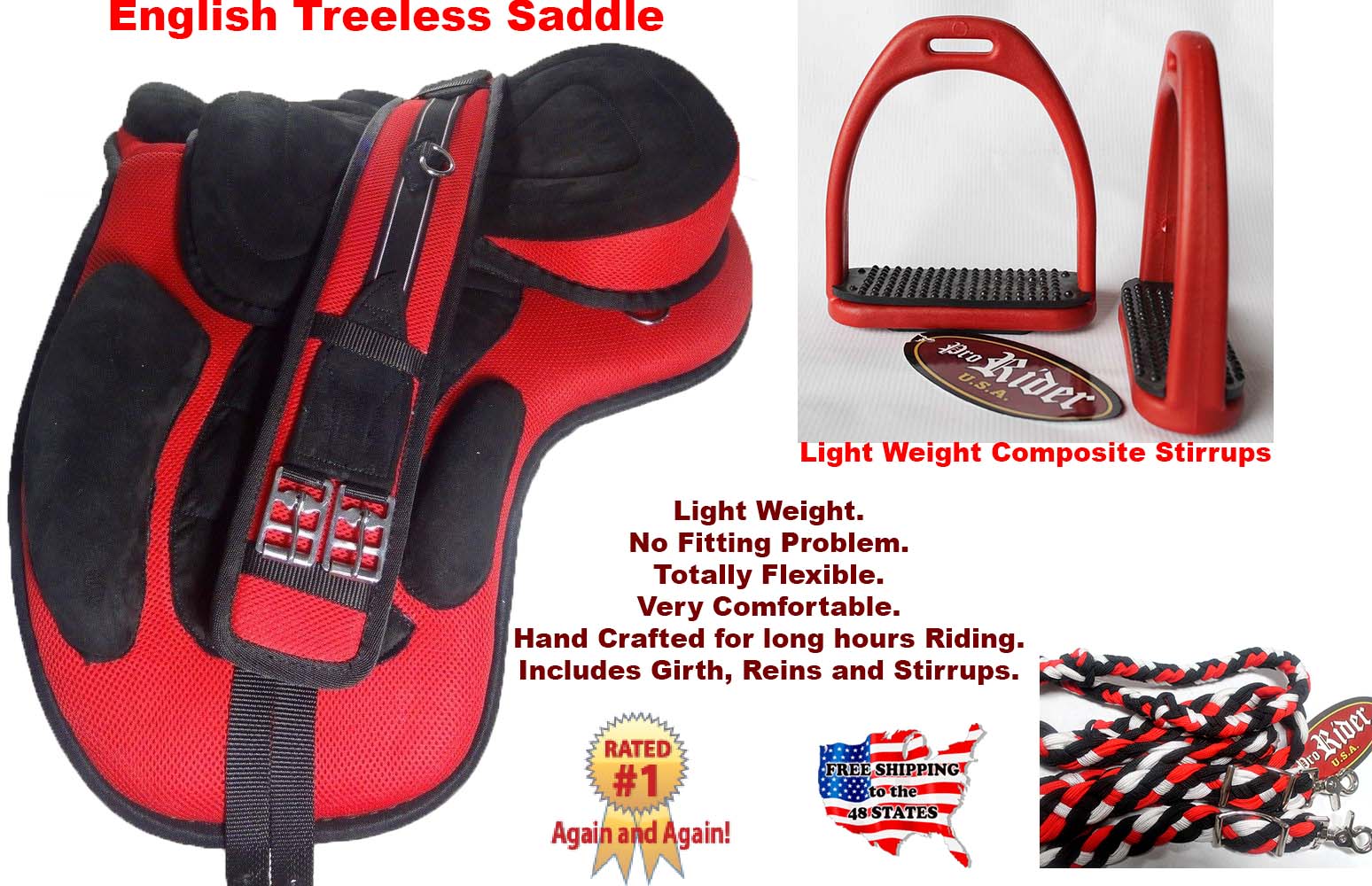 English ProRider Horse Synthetic Treeless Saddle Stirrups Straps