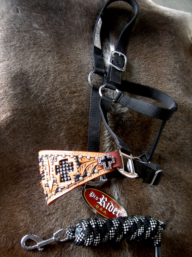 Nylon Bronc Leather Horse Halter Lead Rope Tack Rodeo Tiedown Noseband Carved N4 eBay