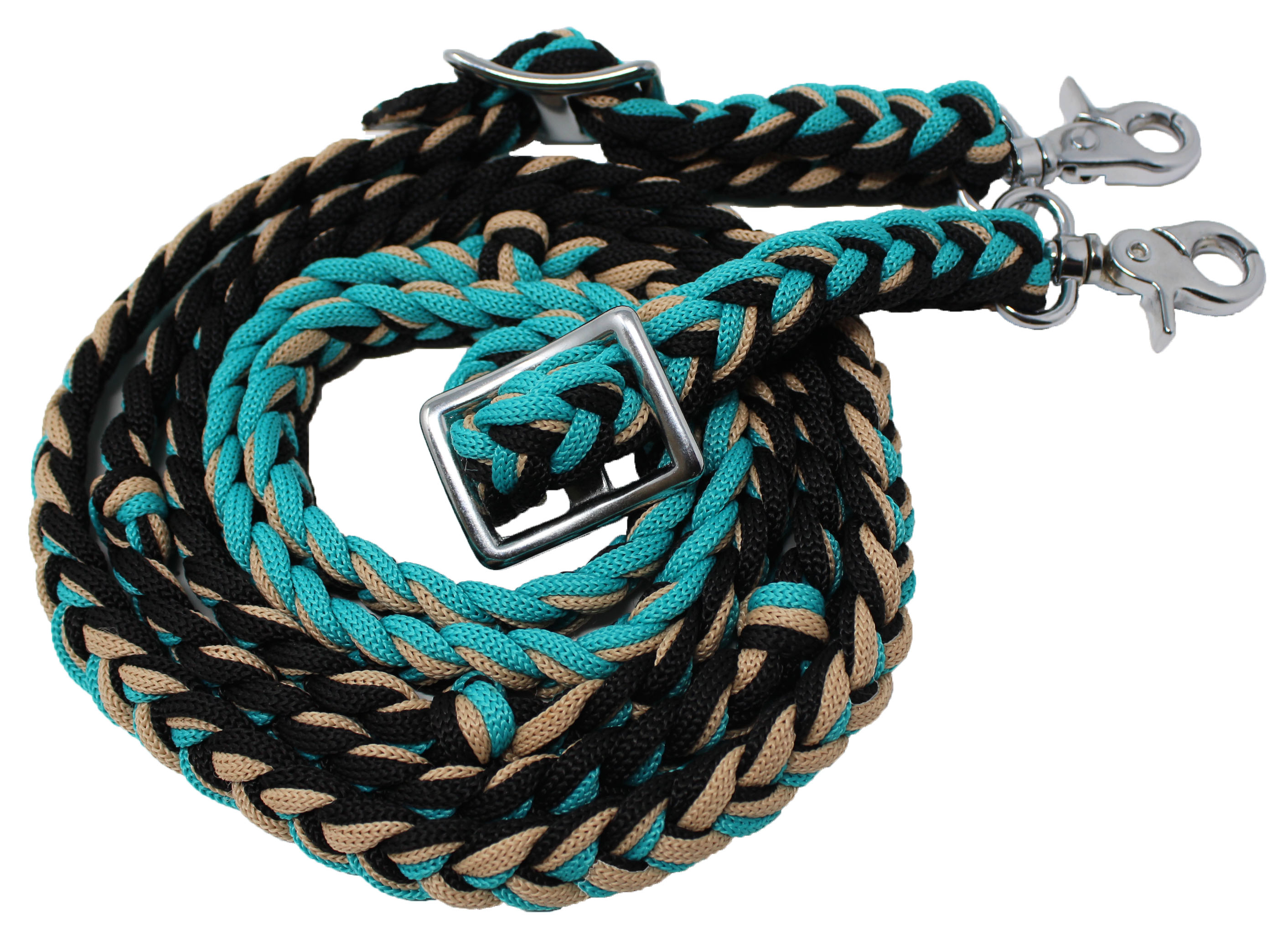 Horse Western Knotted Nylon Braided Barrel Roping Reins Teal Black 60701TL