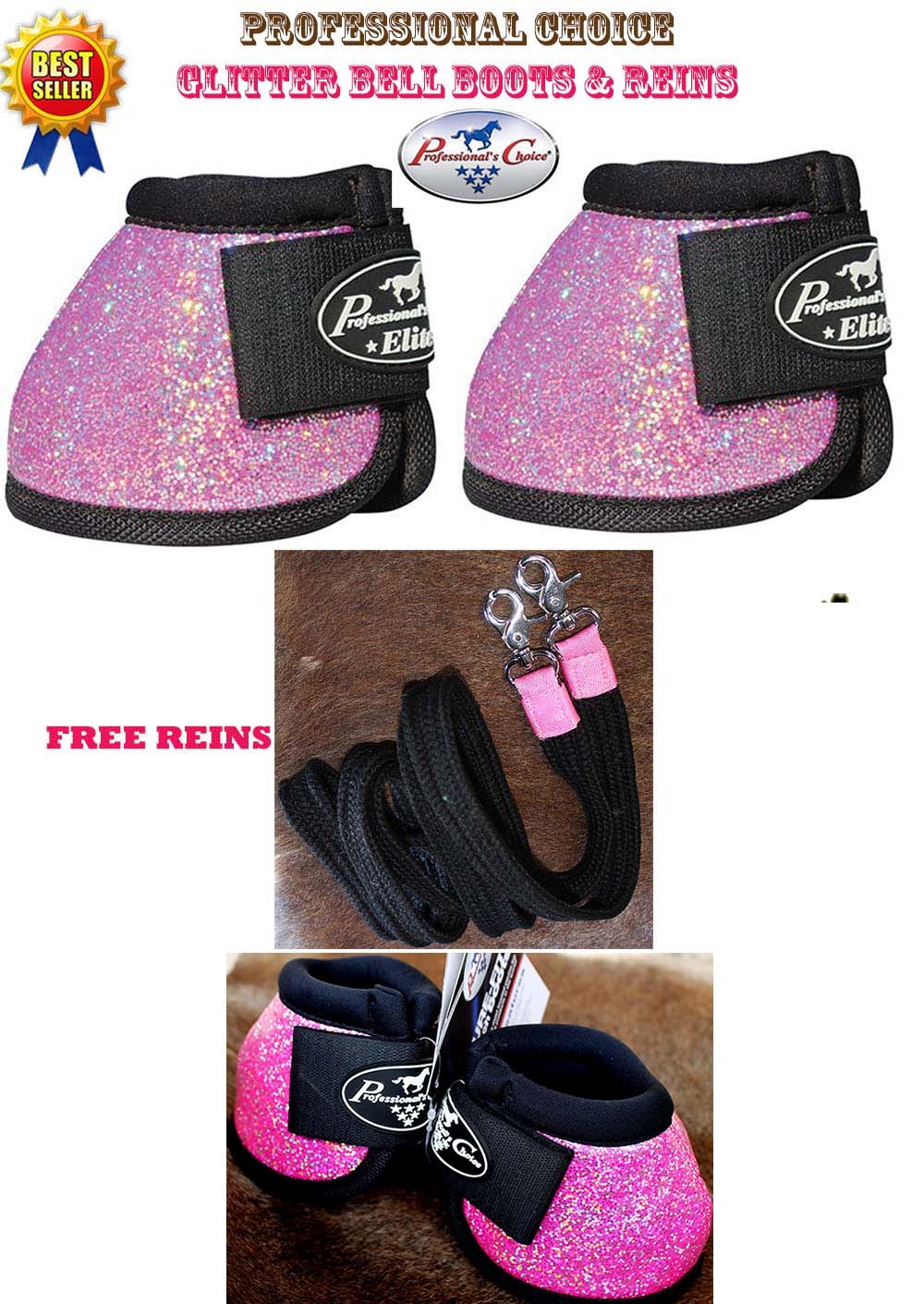 M Professional Choice Horse Secure Fit GLITTER Bell Boots Pink REINS