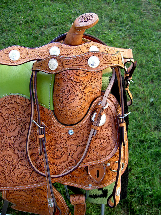 15" Horse Western Barrel Show Pleasure Leather Saddle Bridle Lime Green