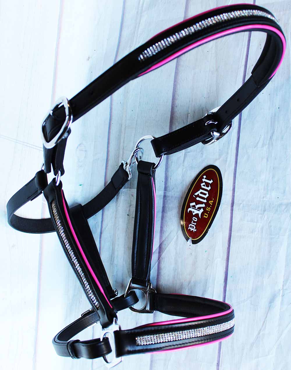 Horse Riding Leather Halter English Western Tack Black Pink Bling