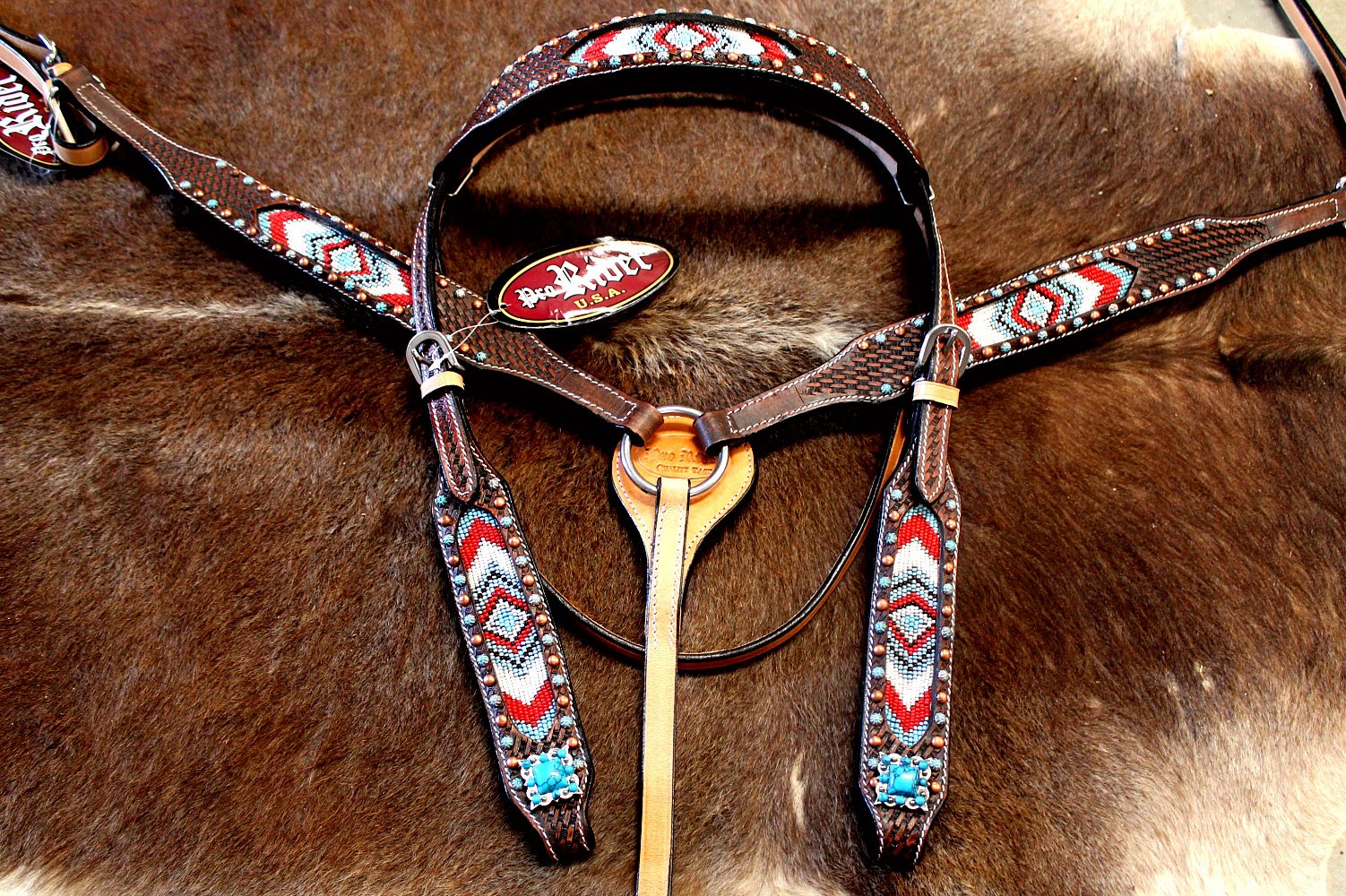 Horse Bridle Western Leather Headstall Breast Collar Tack Beaded 7978B