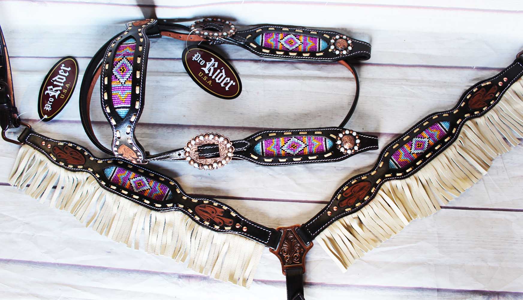 Horse Bridle Western Leather Headstall Breast Collar Rodeo Tack Fringe