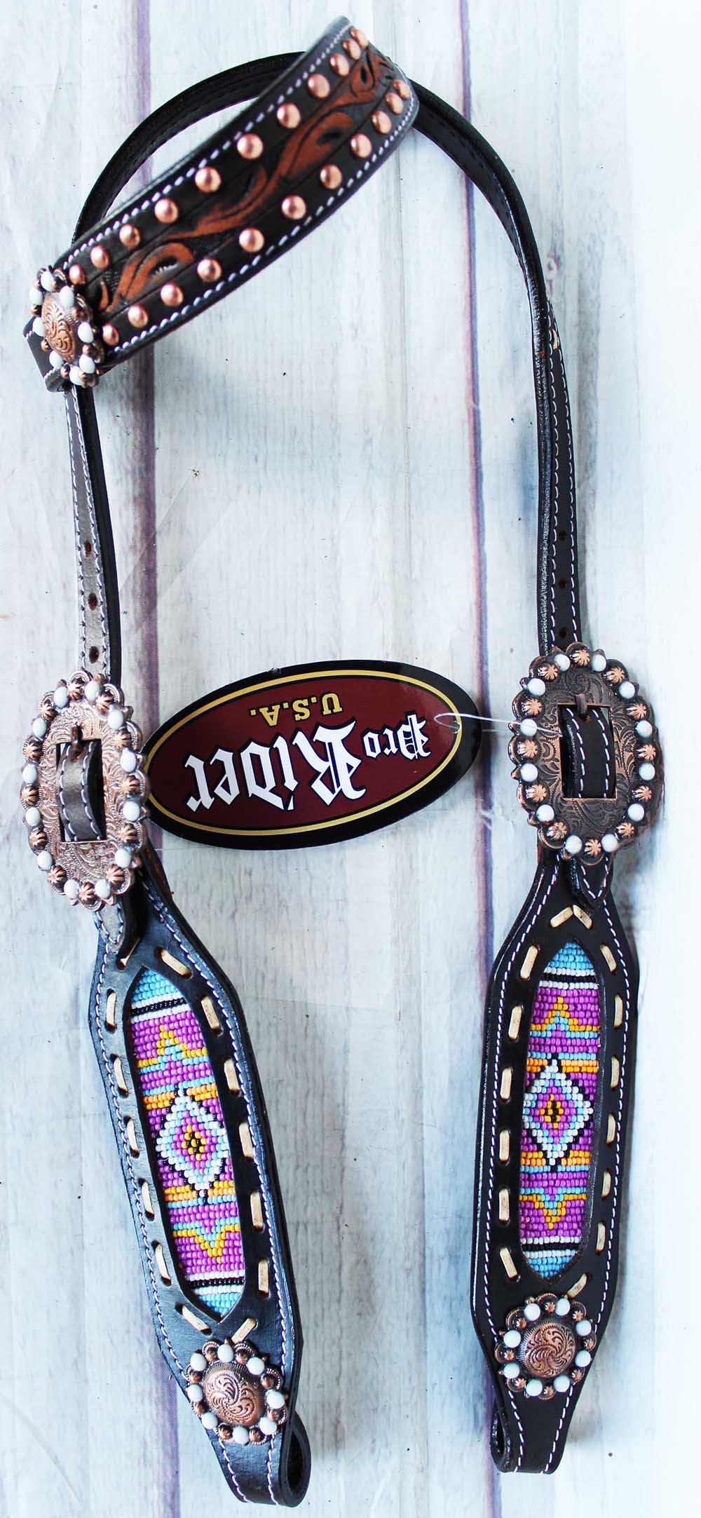 Equine Horse Show Bridle Western Leather Headstall Beaded Tack Rodeo 7986HA