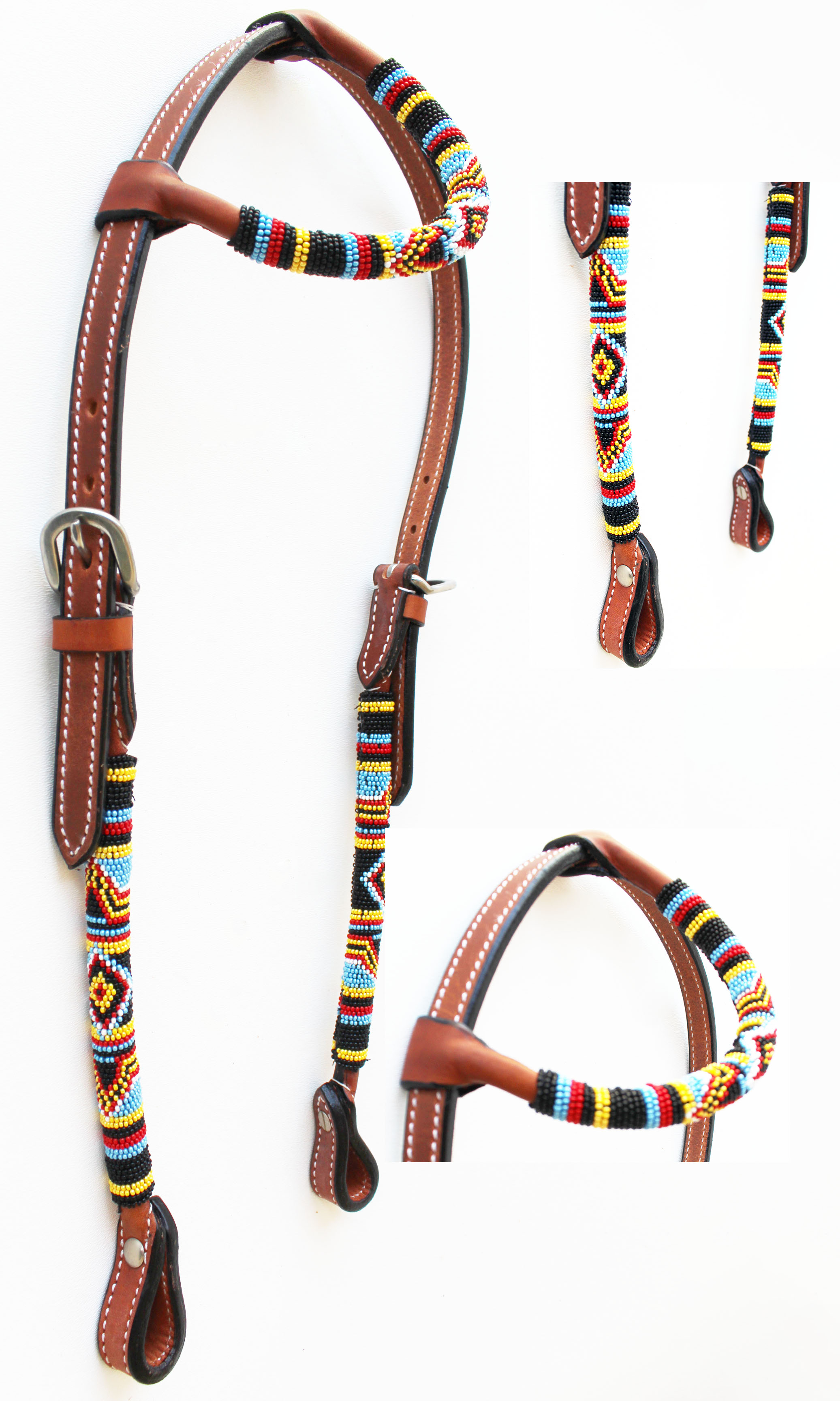 Horse Show Bridle Western Leather Headstall Beaded Overlay One Ear