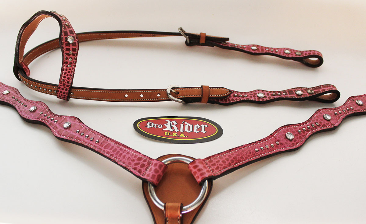 Horse Western Riding Leather Bridle Headstall Breast Collar Tack Pink