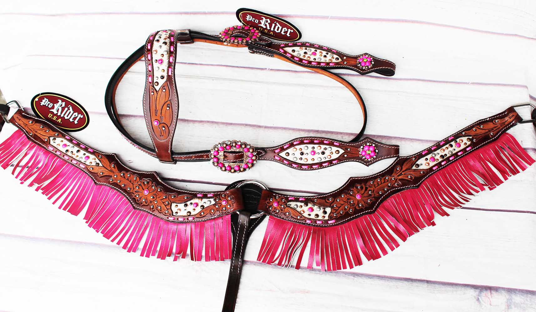 Horse Show Bridle Western Leather Headstall Breast Collar Tack Pink