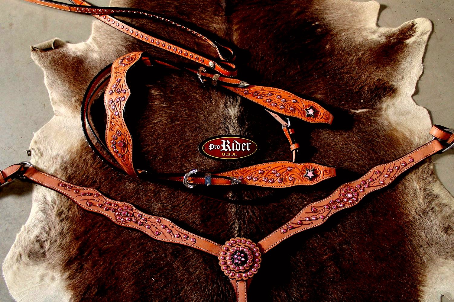 Horse Western Riding Leather Bridle Headstall Breast Collar Tack Pink