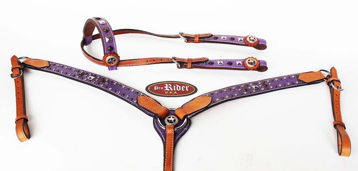 Show Tack Bridle Western Leather Headstall Breast Collar Purple 8352