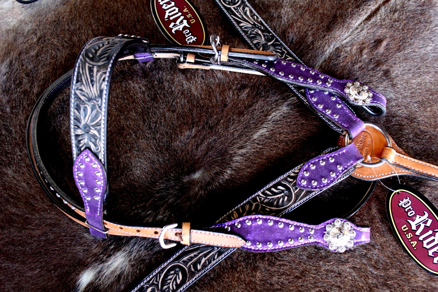 Horse Show Tack Bridle Western Leather Headstall Breast Collar Purple