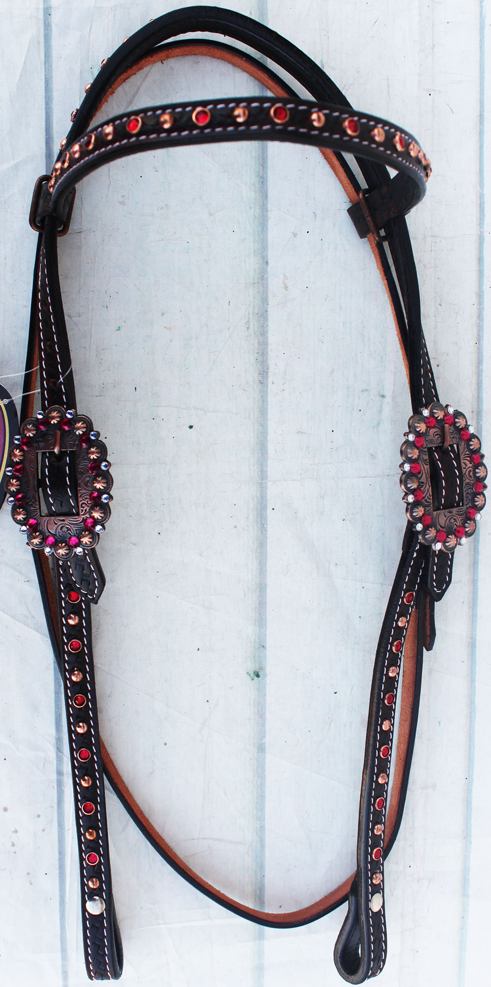 Horse Show Bridle Western Leather Rodeo Headstall Brown RED Bling Tack