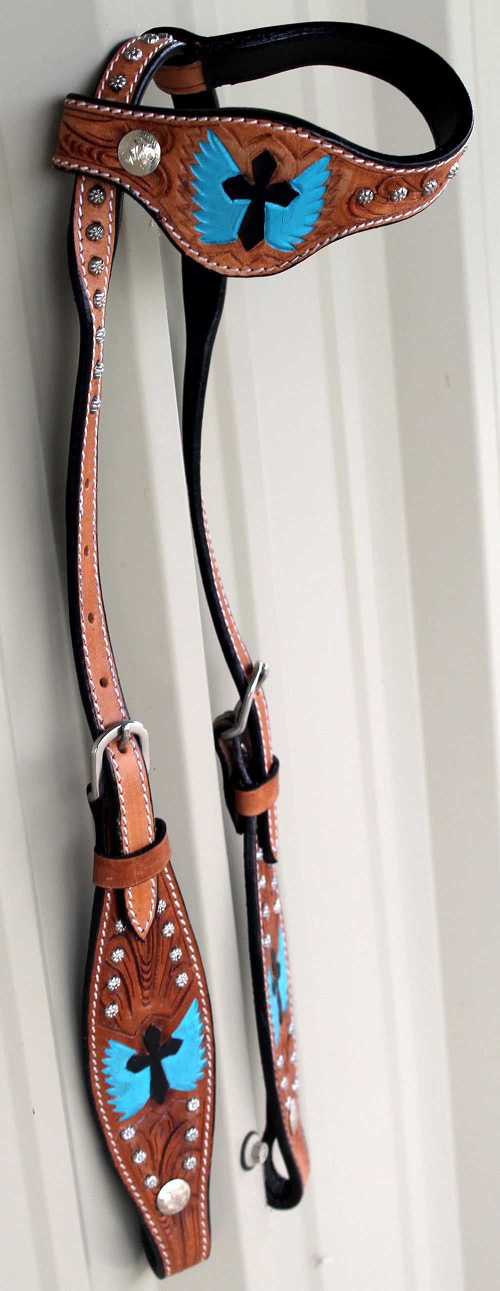 Horse Show Tack Bridle Western Leather Headstall Turquoise Wings Cross