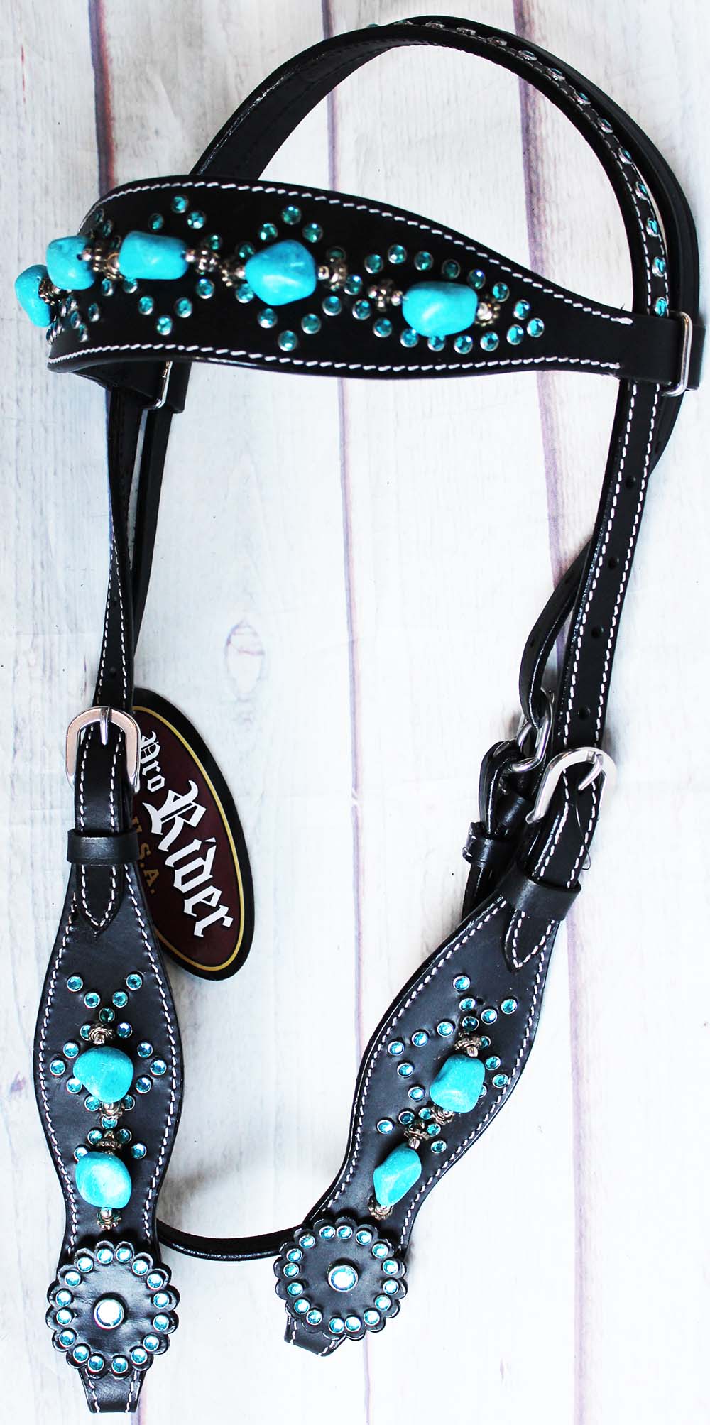Horse Tack Bridle Western Leather Headstall Rodeo Bling Black Turquoise