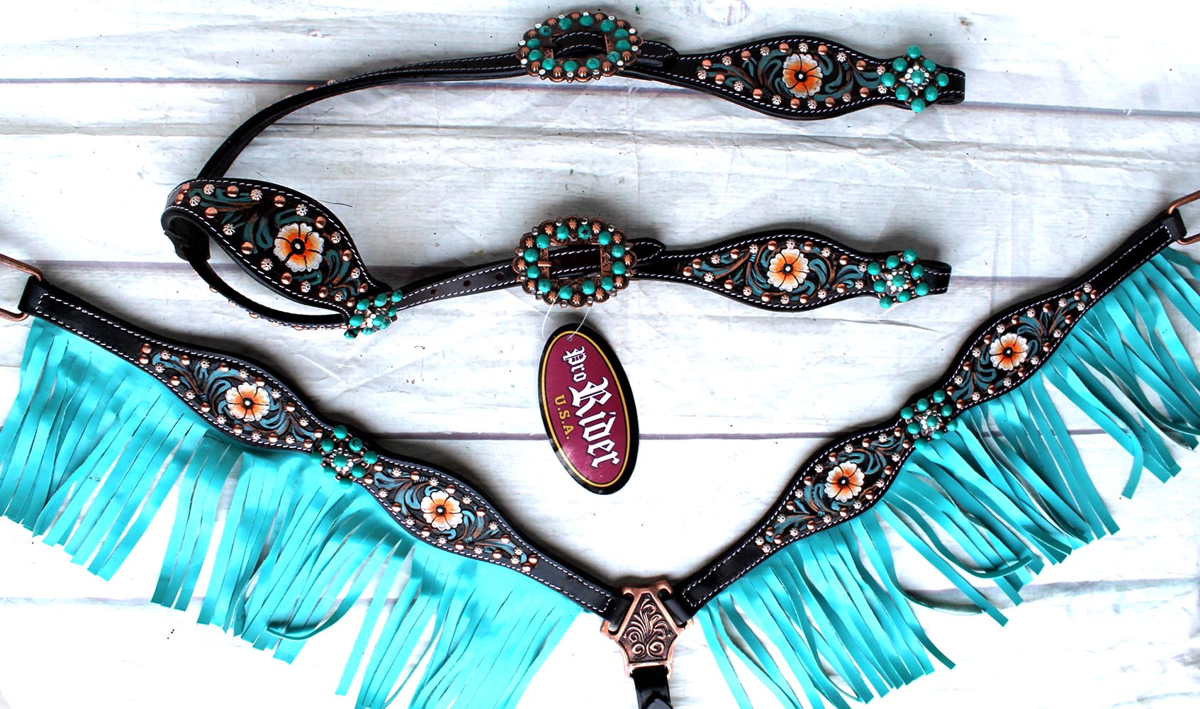 CHALLENGER Western Horse Browband Bridle – Tan With Turquoise Stones & Studs, Latigo Tie Bit Ends, Stainless Steel Hardware – Model 78203TR