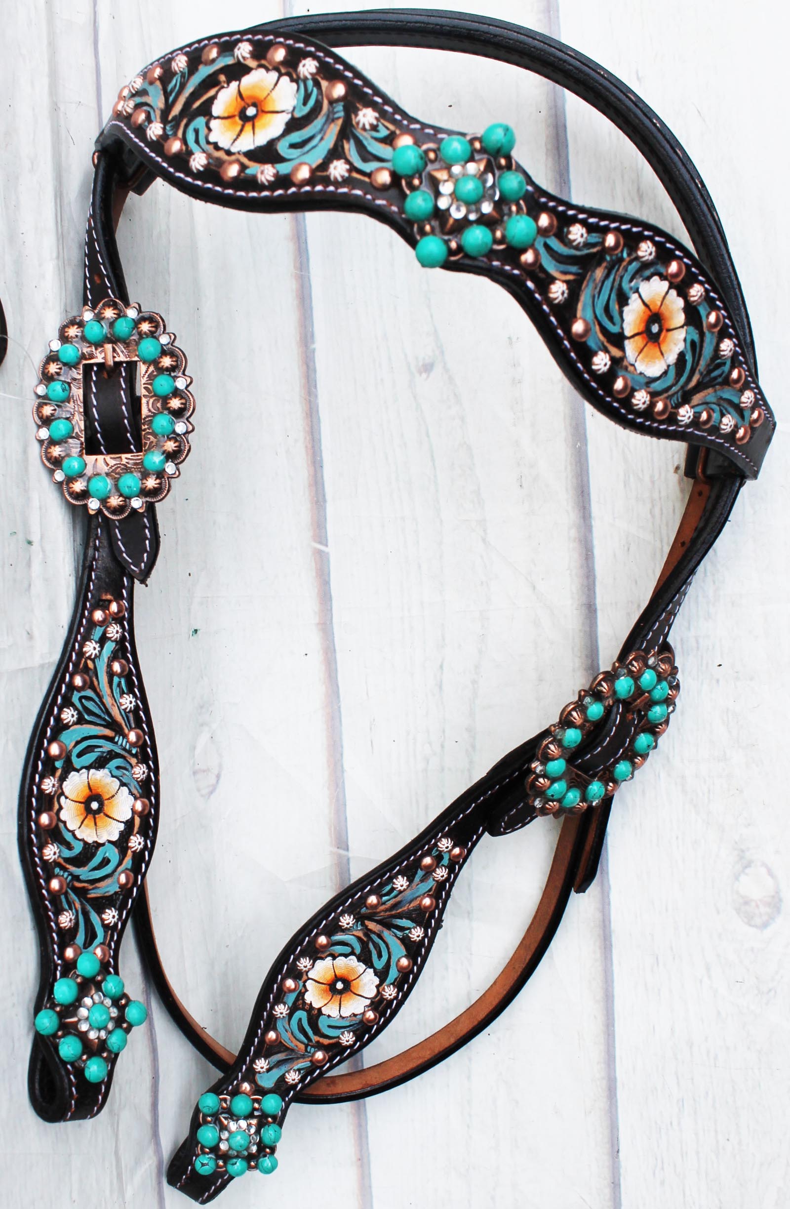 Horse Show Rodeo Tack Bridle Western Leather Headstall Turquoise