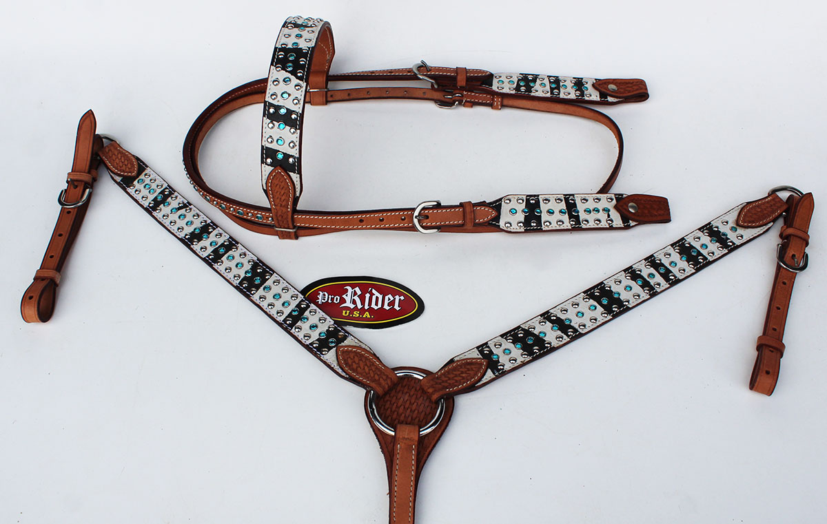Show Tack Horse Bridle Western Leather Headstall Breast Collar Green 8212