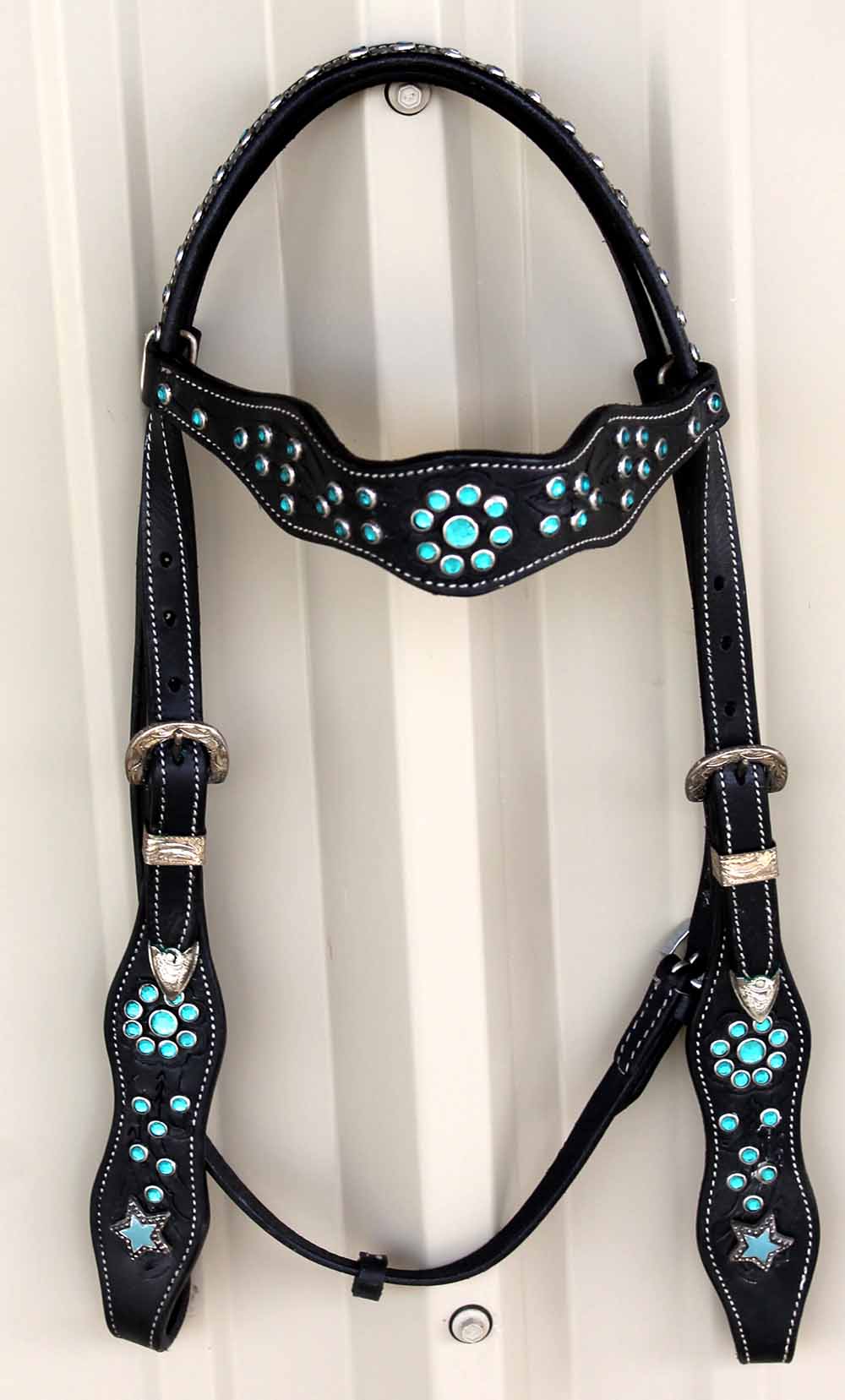 Horse Show Tack Bridle Western Leather Headstall Black Turquoise Bling