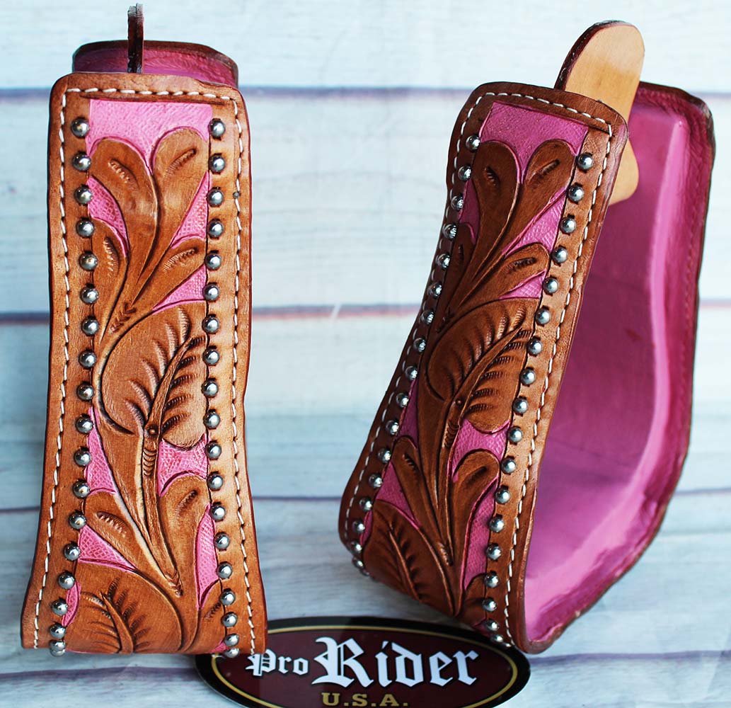 Western Show Horse Saddle Stirrups Replacement Pink Carving Tan Leather