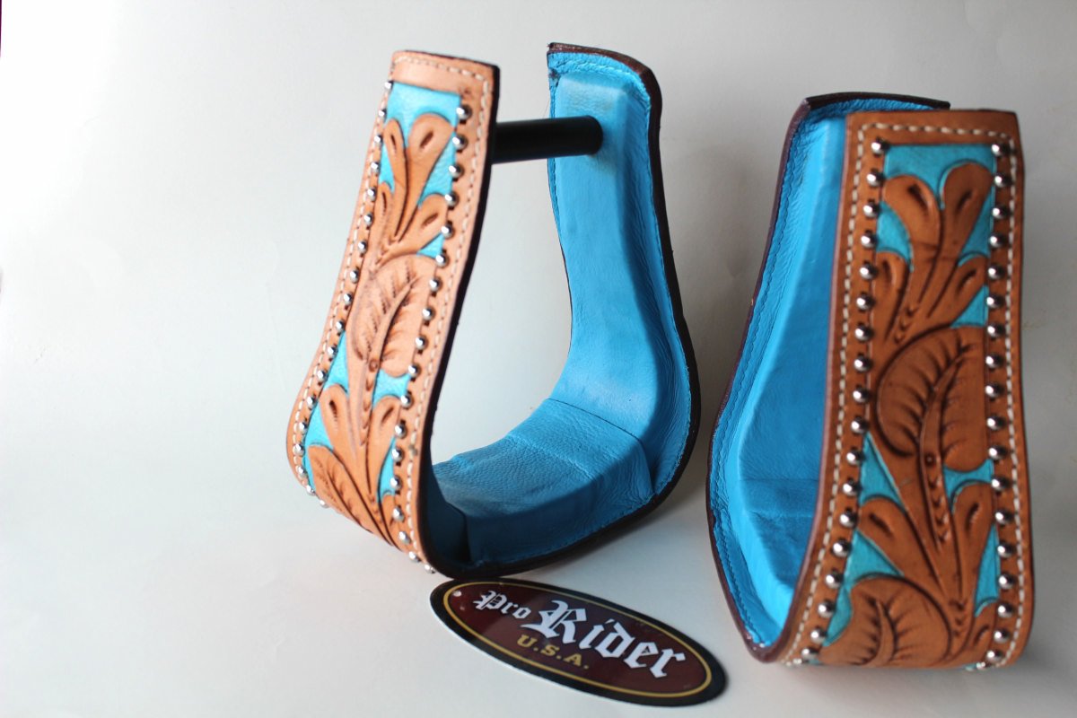 Western Show Horse Saddle Stirrups Stirrup Turquoise Carving Tan