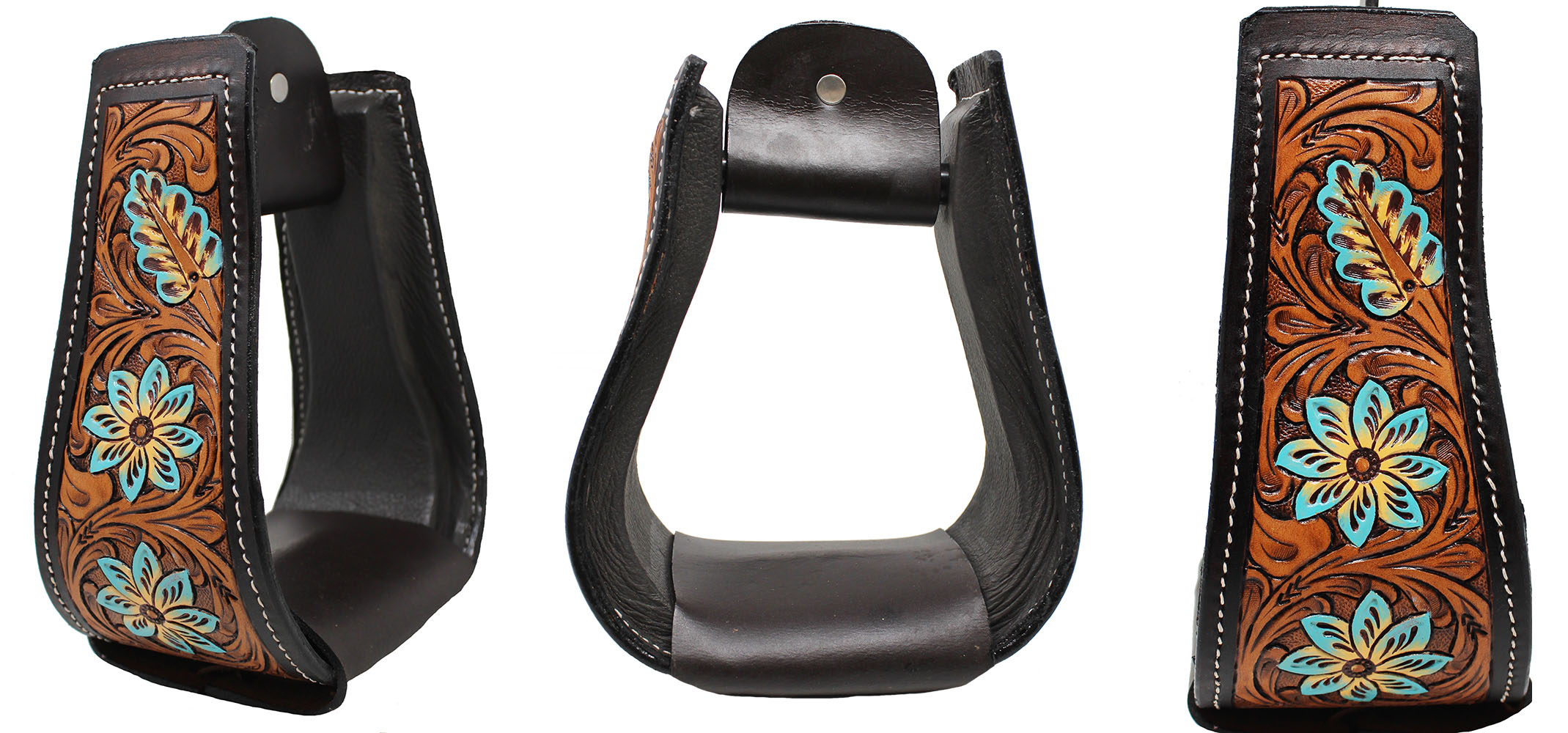 Horse Saddle Stirrups Floral Tooled Leather Covered Western Tack Bell