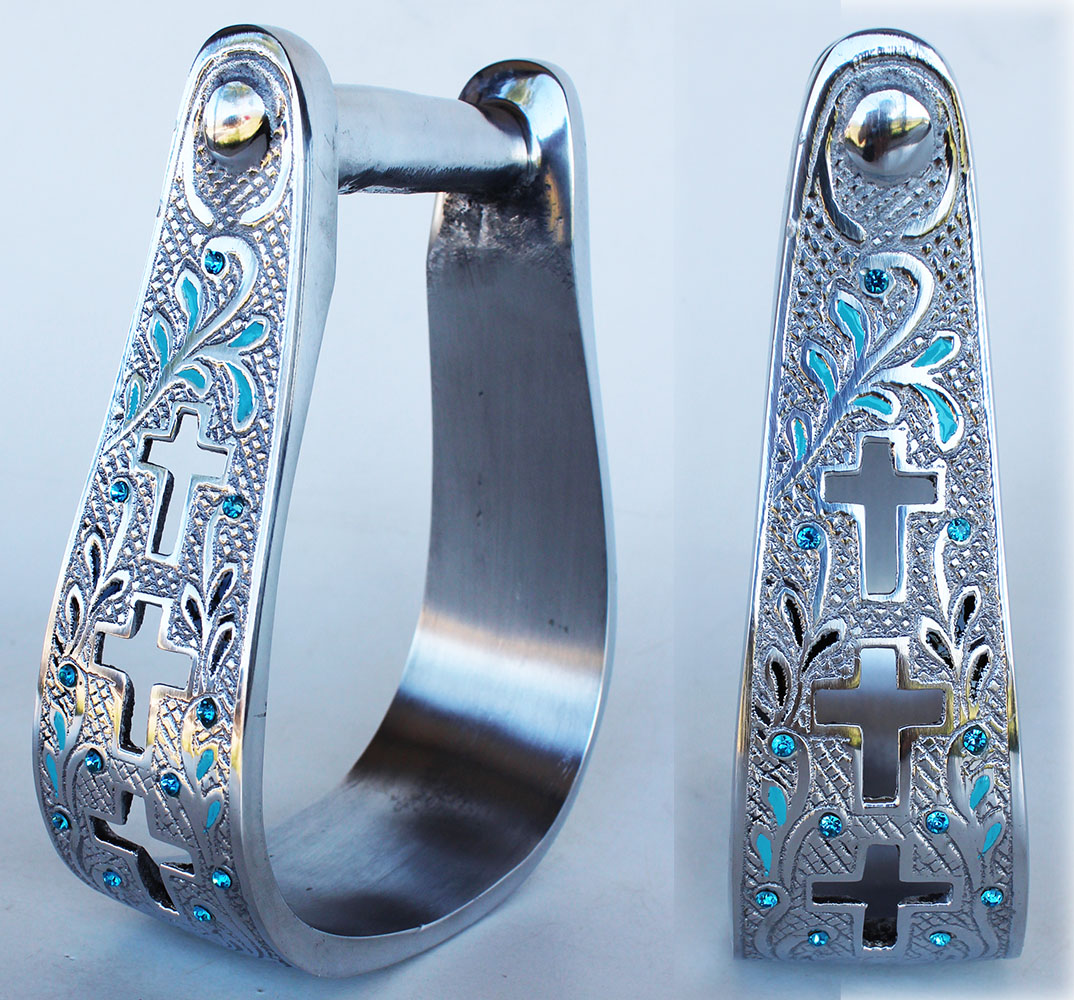 Western Horse Saddle Stirrups Aluminum Leather Engraved Bling Cross