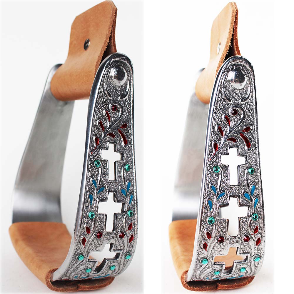 Horse Saddle Aluminum Stirrups Leather Engraved Cross Western Stirrup
