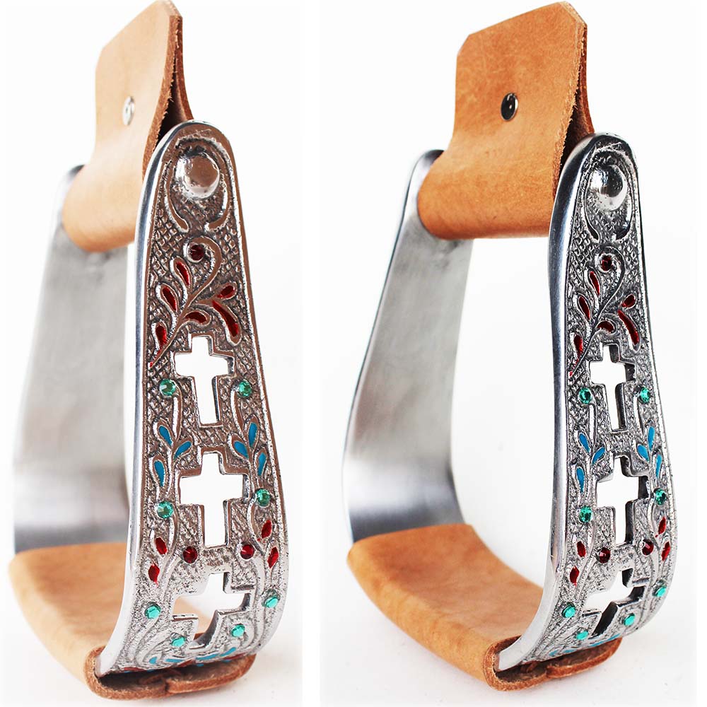 Horse Saddle Aluminum Leather Engraved Bling Cross Western Stirrup
