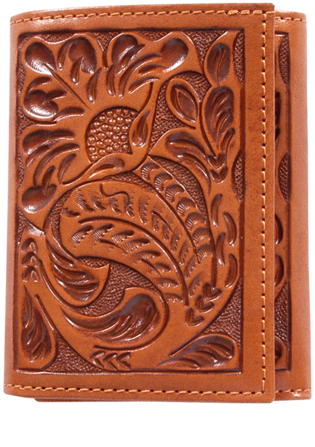3D Natural Cow Leather Mens Western Trifold Wallet Hand Carved Tooled