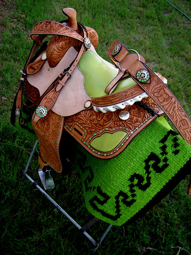 14" WESTERN LEATHER BARREL SHOW TRAIL SADDLE TACK GREEN eBay
