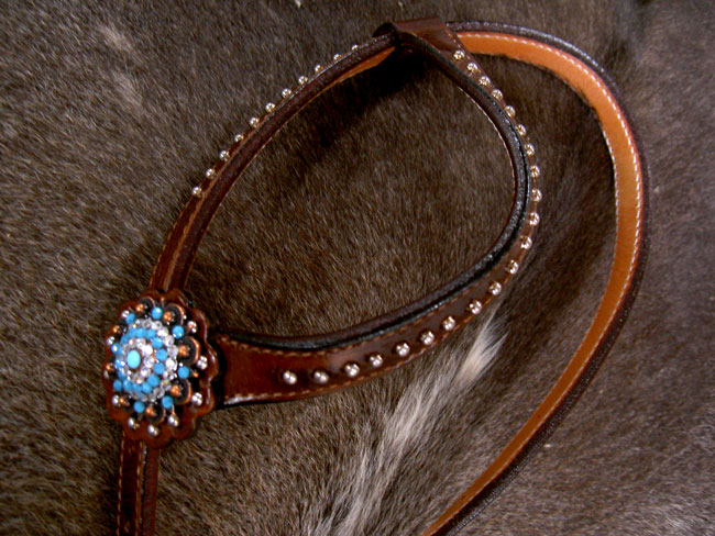   LEATHER HEADSTALL TURQUOISE BLING ROUND CONCHOS BARREL BROWN TACK