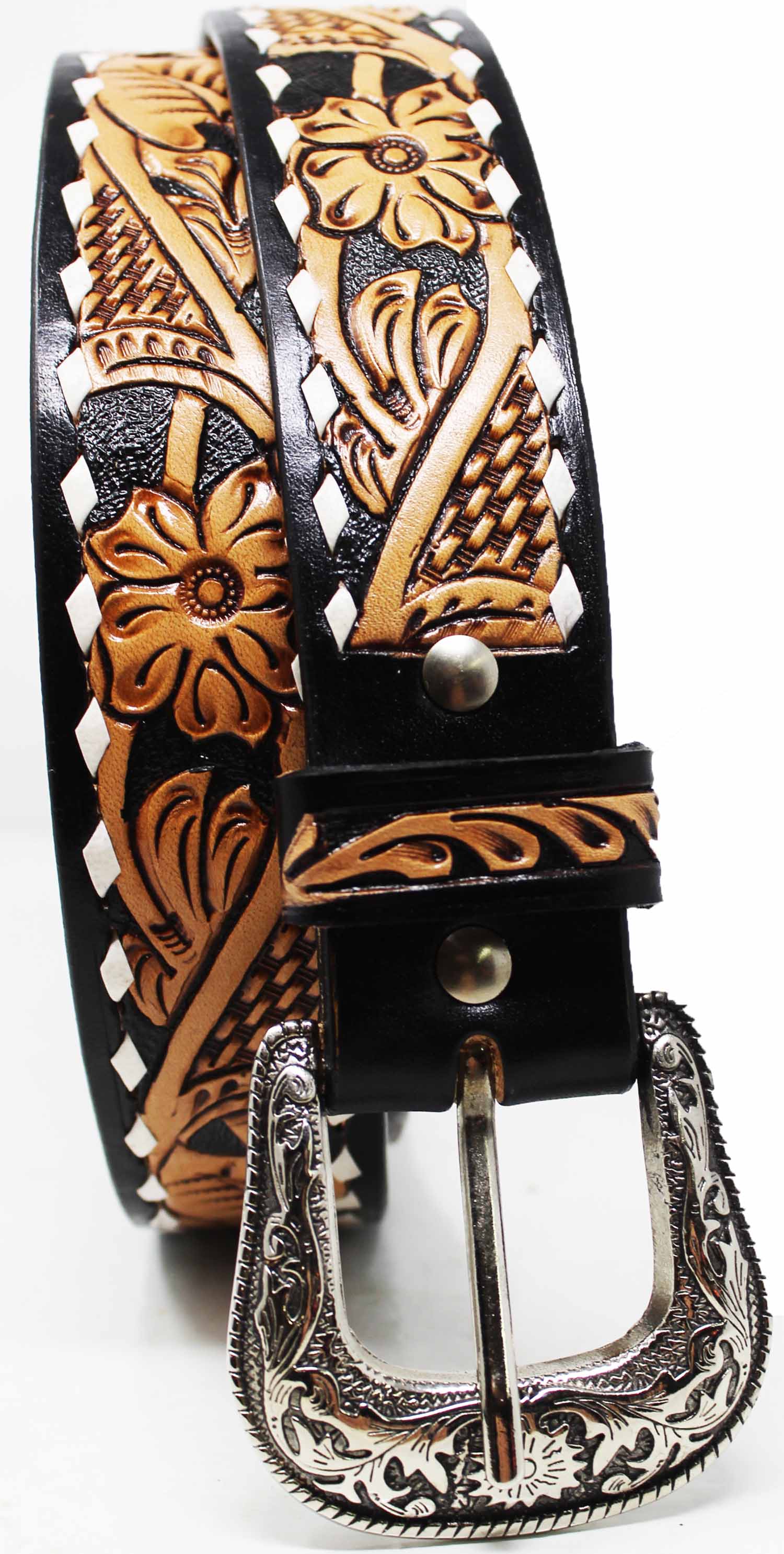 Western Floral Tooled Buckstitch Leather Belt 26FK16N - Picture 3 of 41