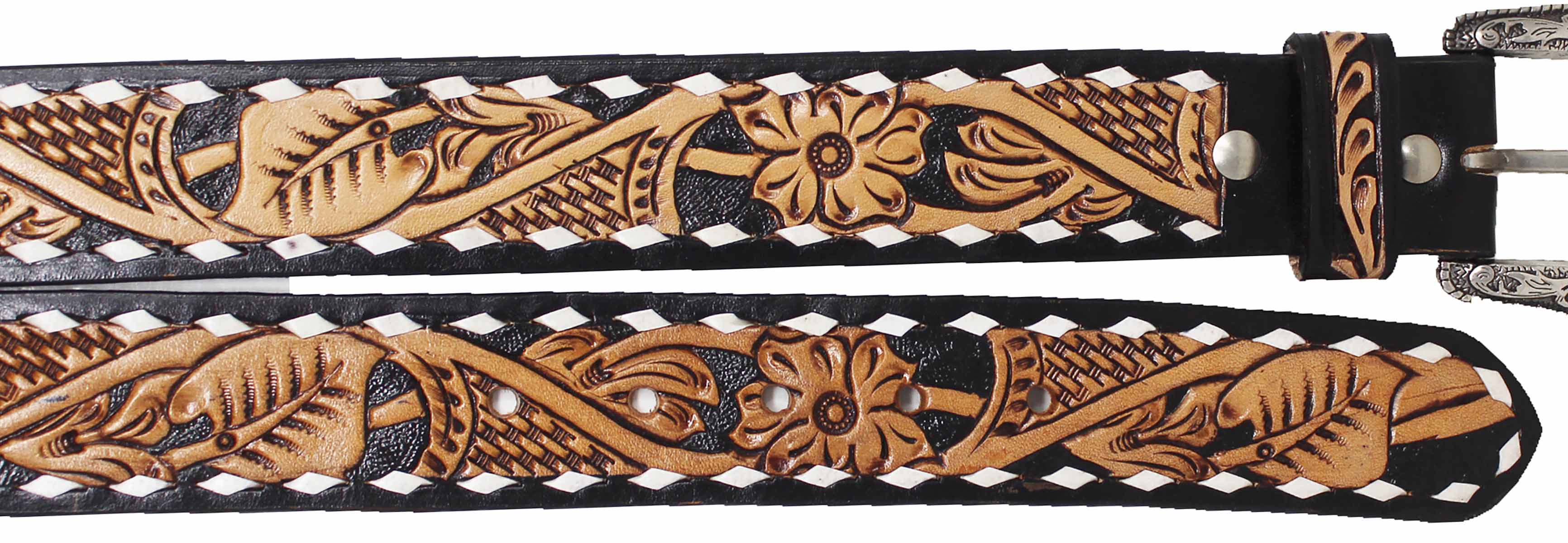 Western Floral Tooled Buckstitch Leather Belt 26FK16N - Picture 5 of 41