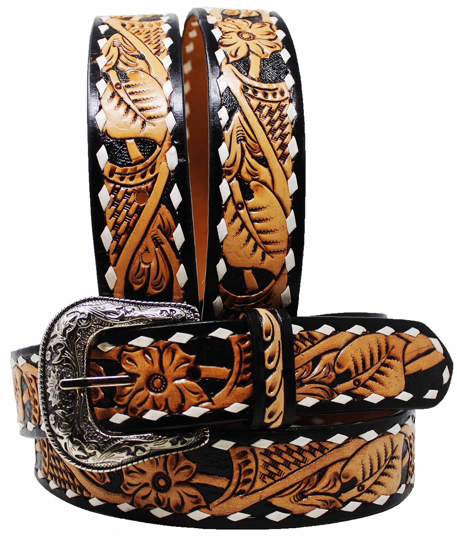 Western Floral Tooled Buckstitch Leather Belt 26FK16N - Picture 2 of 41