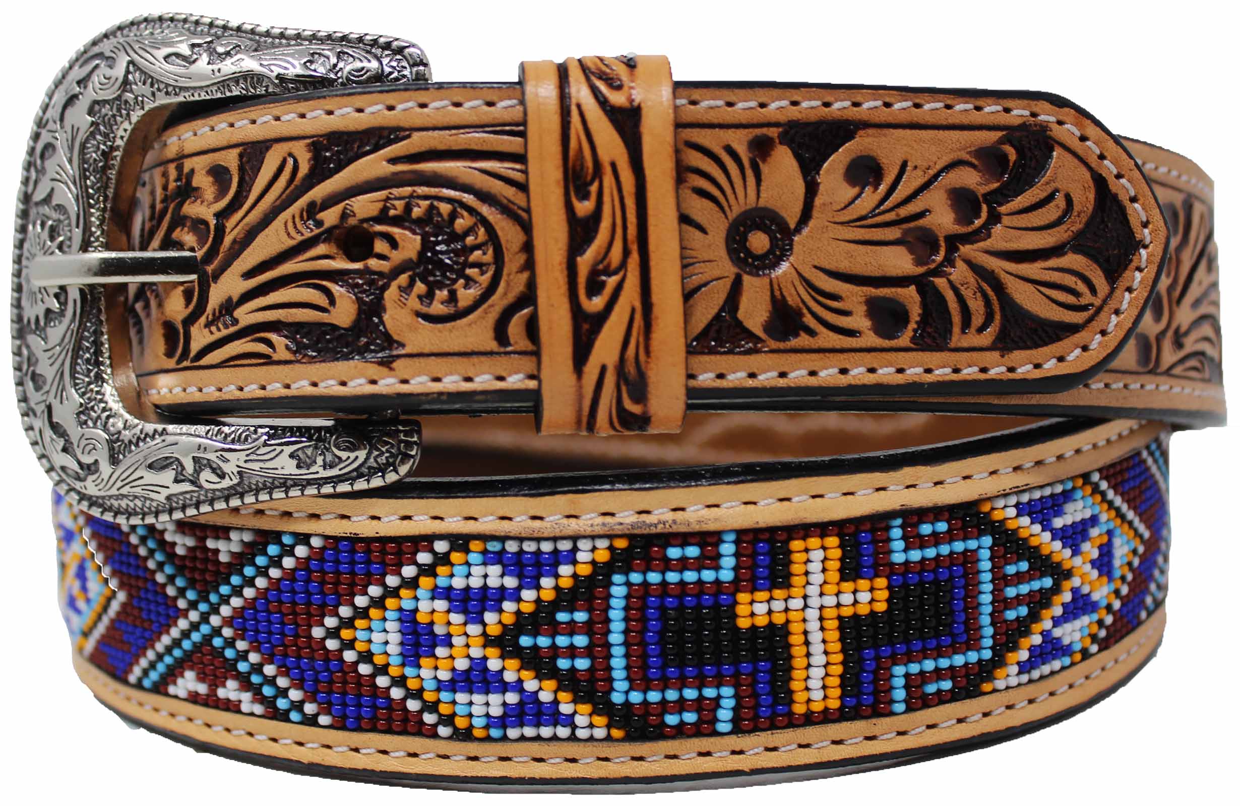 Western Floral Tooled Leather Beaded Belt 26FK29C - Picture 3 of 33