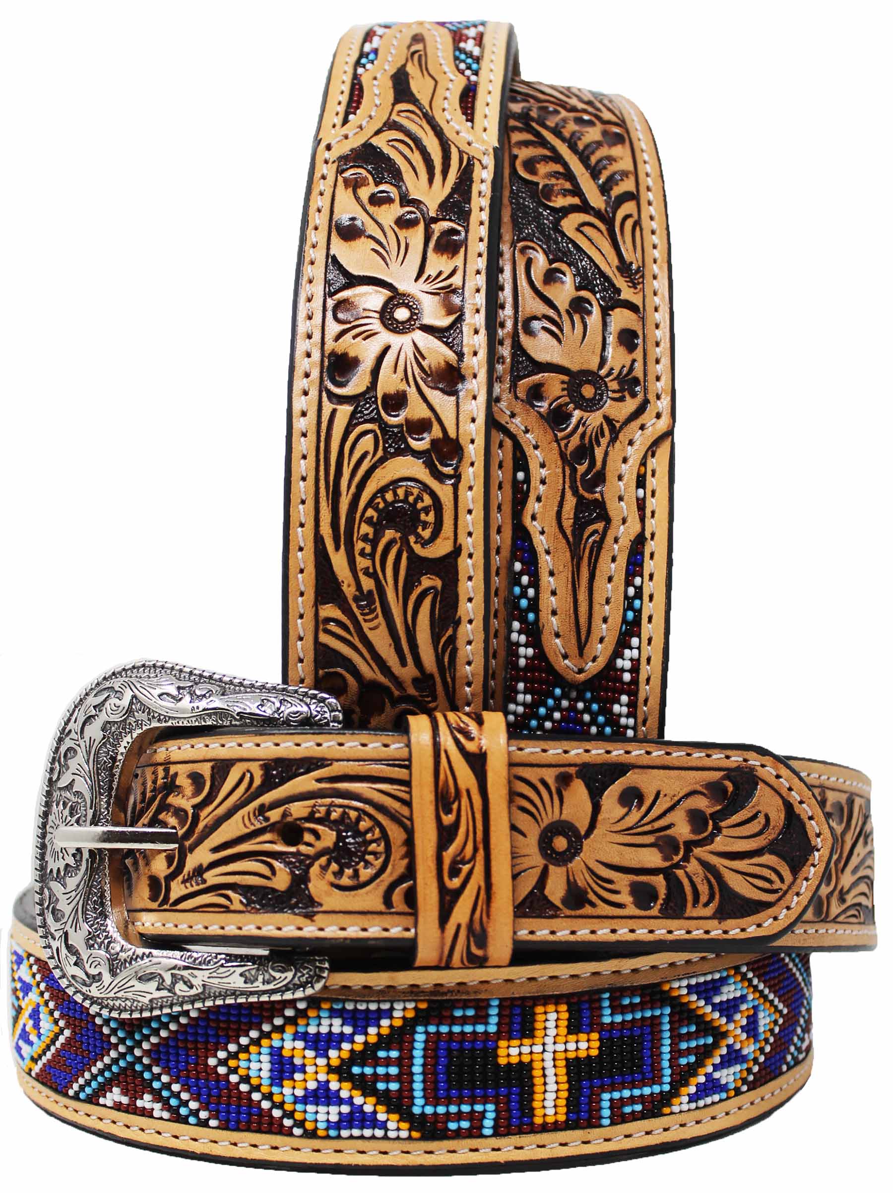 Western Floral Tooled Leather Beaded Belt 26FK29C - Picture 2 of 33