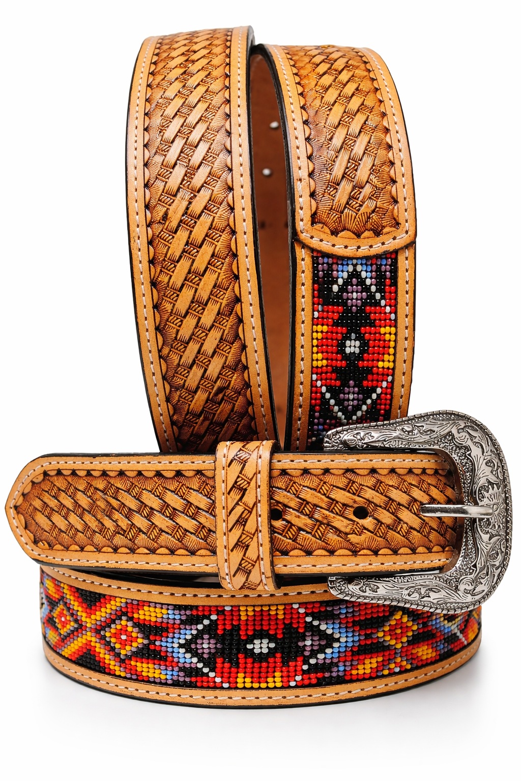 ビンテージ　専用 Western Antique Basket Weave Tooled Beaded Full-Grain Leather Belt