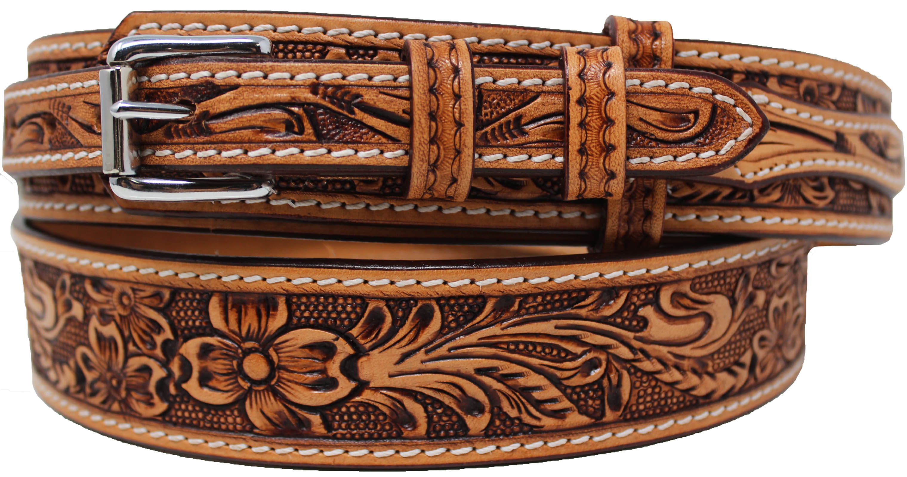 Western Floral Tooled Ranger Full-Grain Brown Leather Belt 26RS05R - Bild 2 von 5