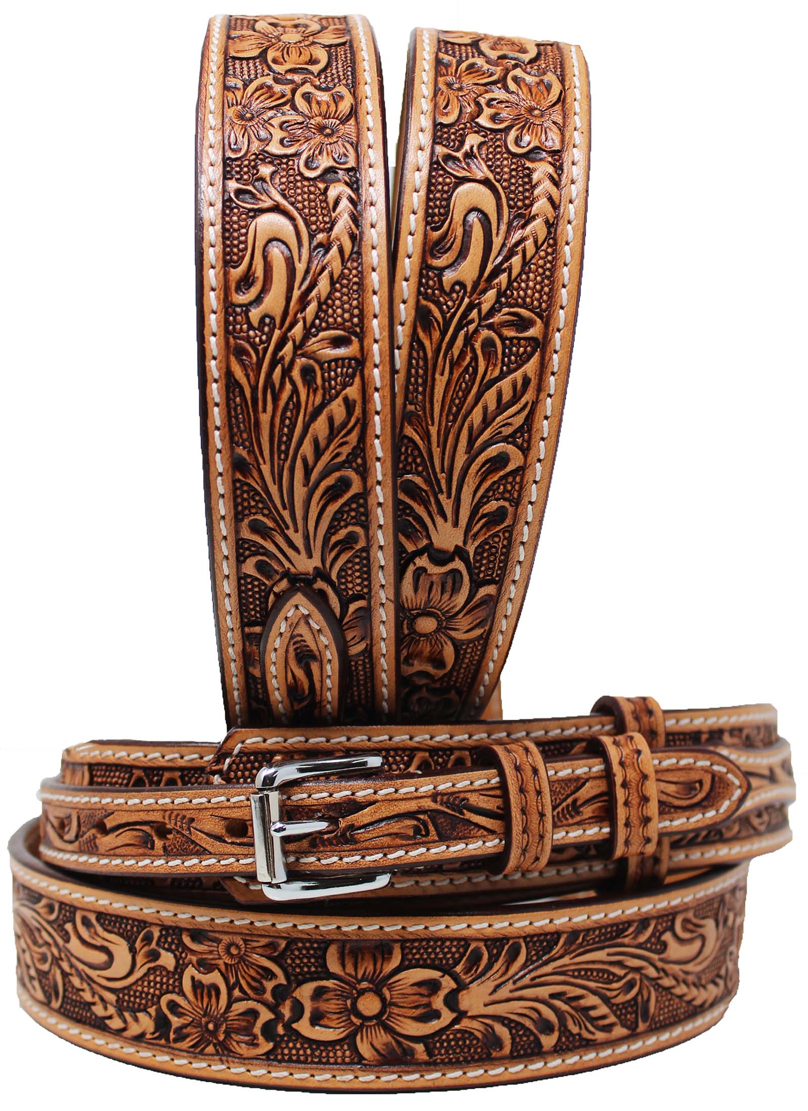 Western Floral Tooled Ranger Full-Grain Brown Leather Belt 26RS05R - Bild 1 von 5